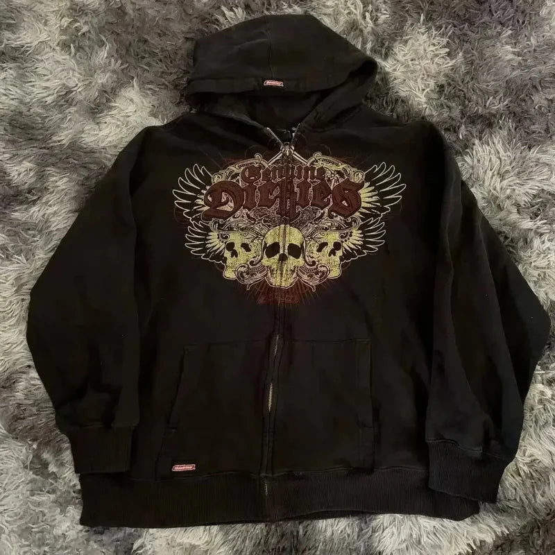 Y2K Gothic Skull Design Hoodie black2 / S