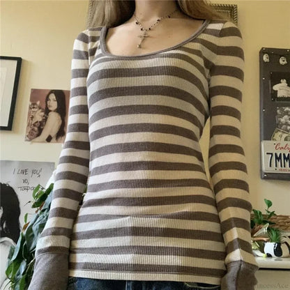 Y2K Grunge Striped Crew Neck Fall Slim Fit Knit Top knittop-250126