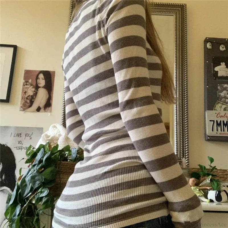Y2K Grunge Striped Crew Neck Fall Slim Fit Knit Top knittop-250126