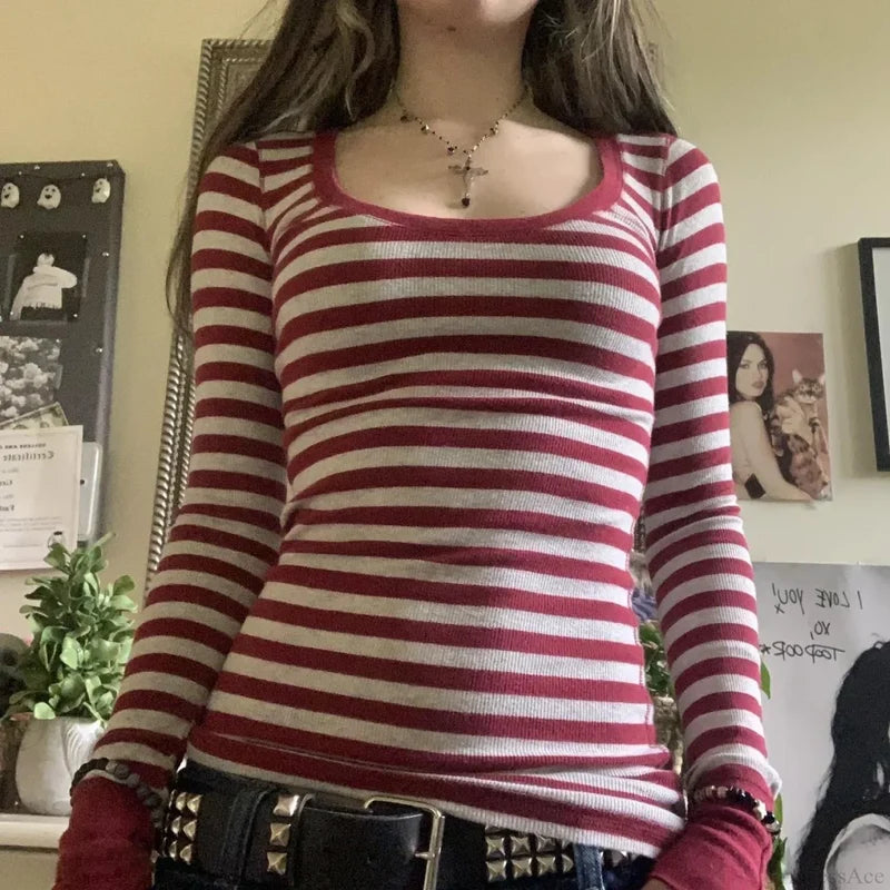 Y2K Grunge Striped Crew Neck Fall Slim Fit Knit Top knittop-250126