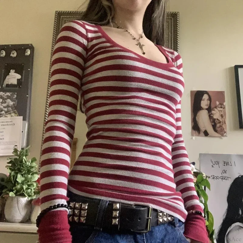 Y2K Grunge Striped Crew Neck Fall Slim Fit Knit Top knittop-250126