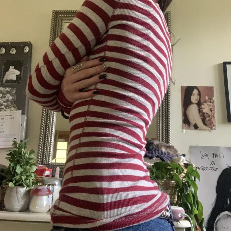 Y2K Grunge Striped Crew Neck Fall Slim Fit Knit Top knittop-250126