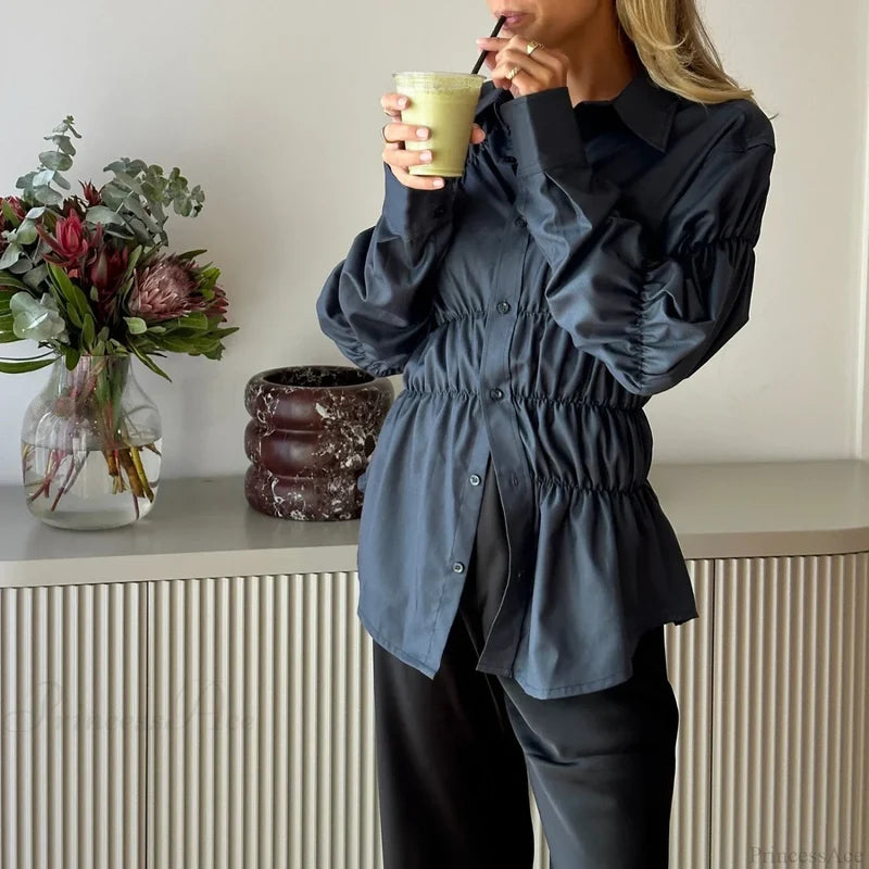 Y2K Long Sleeve Scrunched Blouse black / S blouse-250223