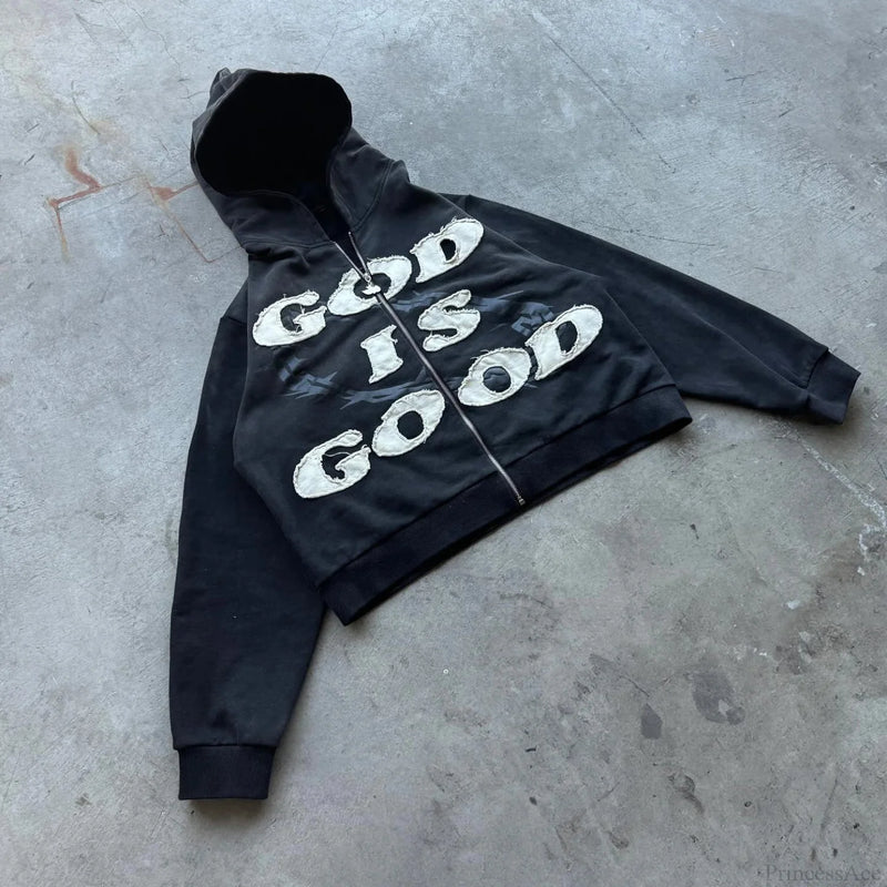 Y2K Mysterious Letter Embroidery Hoodie Black / M