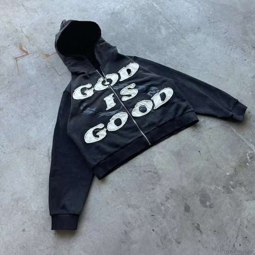 Y2K Mysterious Letter Embroidery Hoodie Black / M