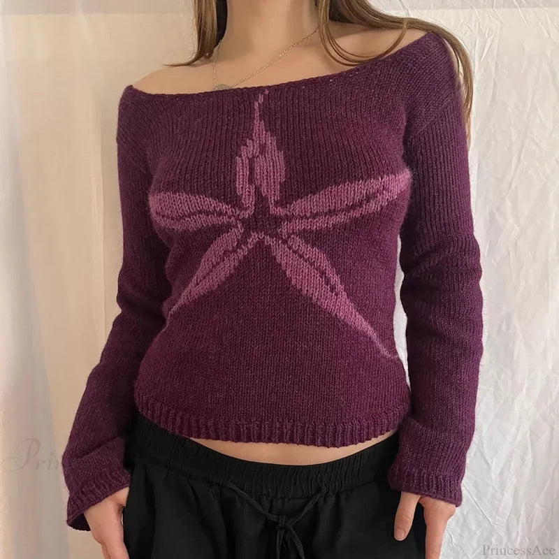 Y2K Off Shoulder Bow Graphic Pullover Knit Top RED / S knittop-250126