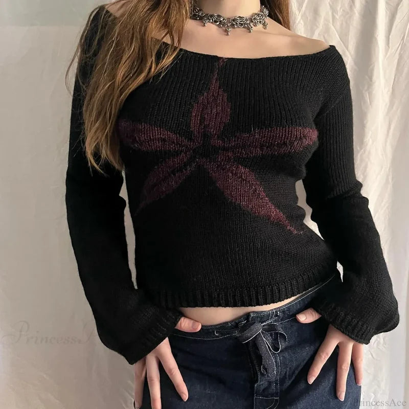 Y2K Off Shoulder Bow Graphic Pullover Knit Top BLACK1 / S knittop-250126