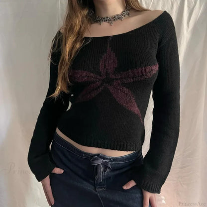 Y2K Off Shoulder Bow Graphic Pullover Knit Top knittop-250126