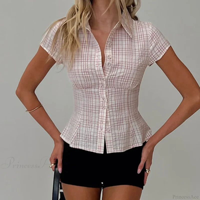 Y2K Plaid Button Down Short Sleeve Blouse blouse-250223