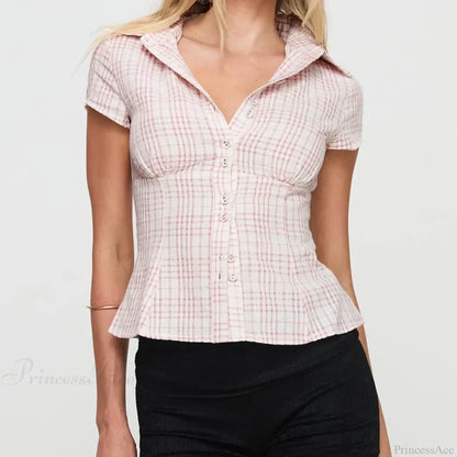 Y2K Plaid Button Down Short Sleeve Blouse blouse-250223