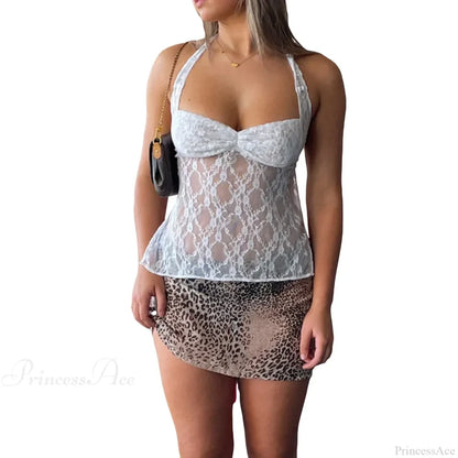 Y2K Retro Lace Sheer Mesh Backless Bandage Halter Crop Top WHITE / S croptop-250126