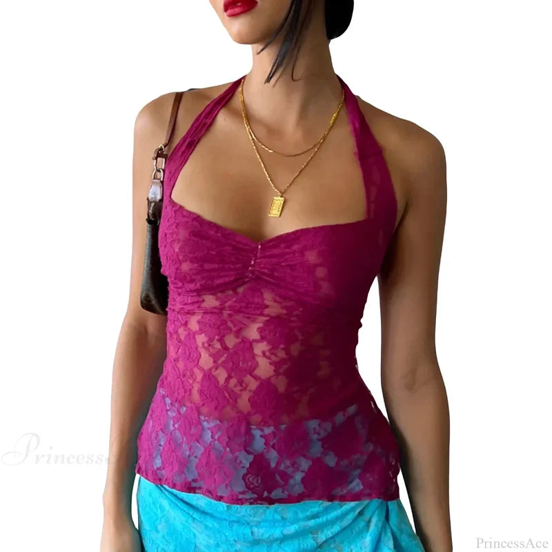 Y2K Retro Lace Sheer Mesh Backless Bandage Halter Crop Top Fuchsia / S croptop-250126
