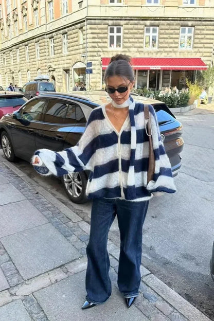 Y2K Striped Loose Cardigan Sweater