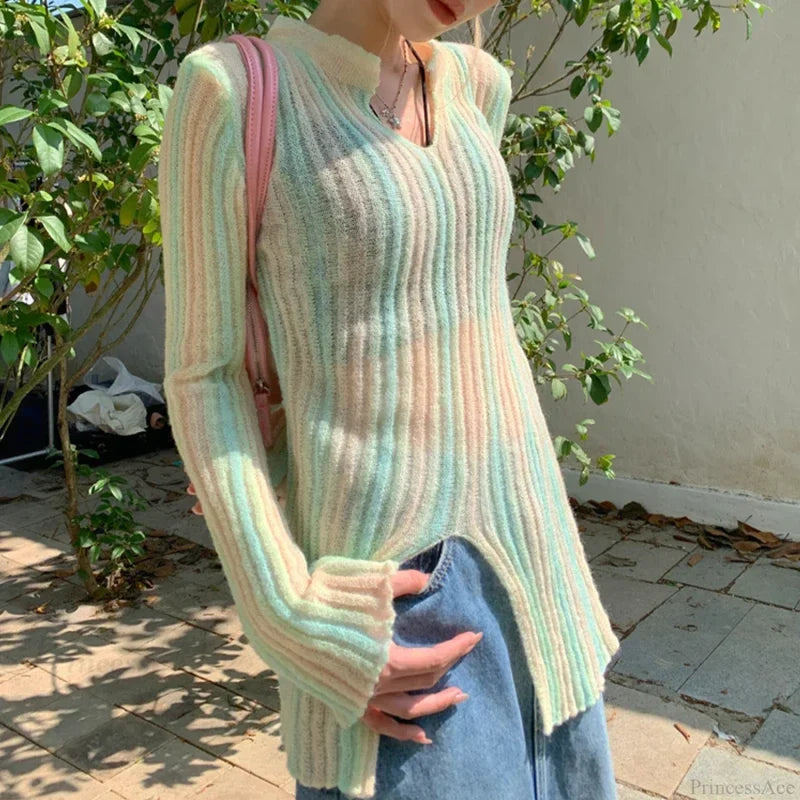 Y2K Vintage Long Sleeve Vertical Stripe Print Knit Top Yellow / One Size knittop-250126