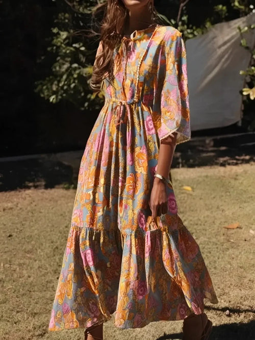 Yellow Floral Print Batwing Sleeve Beach Summer Maxi Boho Dress Purple / S bohodress-250126