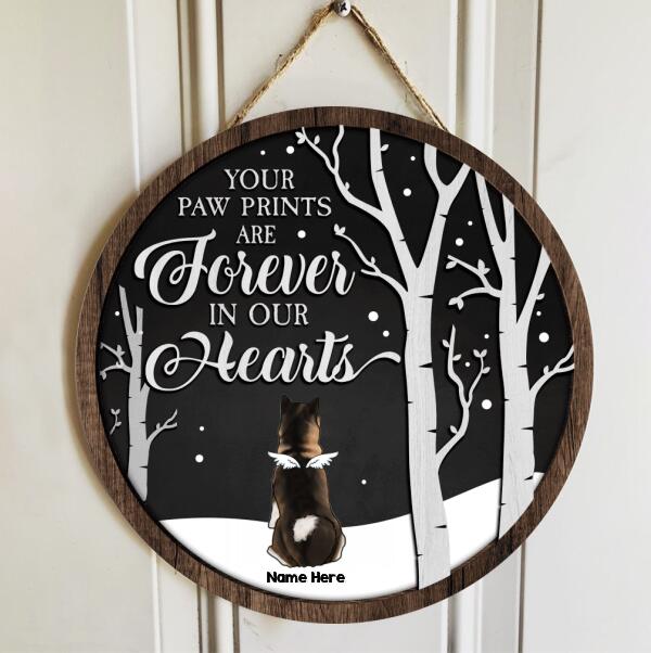 Your Paw Prints Are Forever In Our Hearts - Memorial Black Sky White Tree - Personalized Angel Dog Christmas Door Sign