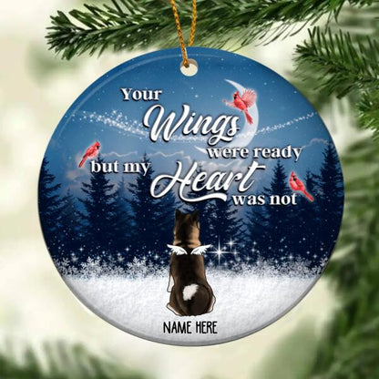 Your Wings Were Ready But My Heart Not Memorial Navy Circle Ceramic Ornament - Personalized Angel Dog Christmas Ornament