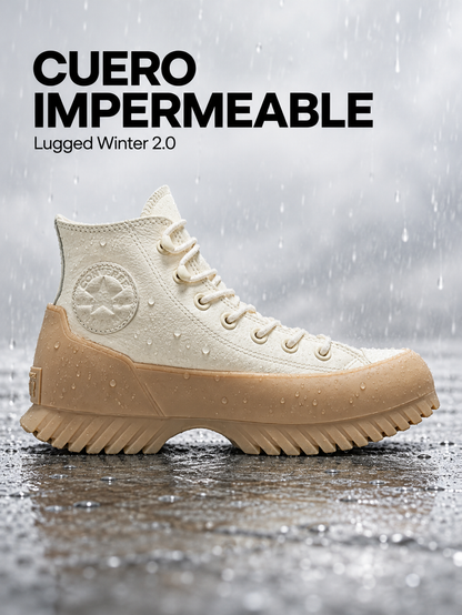 Converse Lugged Winter 2.0 Beige Marrón de cuero impermeable, con gotas de agua.